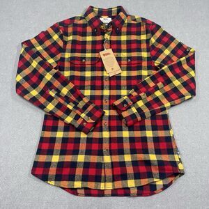 Fjallraven Ovik Shirt Mens Medium Red Yellow Flannel Buffalo Skog Pocket Flaps